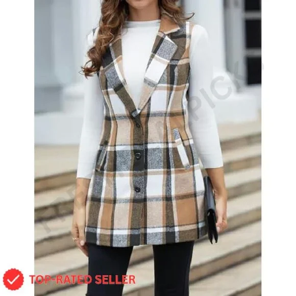 Sleeveless Wool Plaid Vest Classic Chic Slim Fit Fall Winter Outerwear - Picture 4 of 7